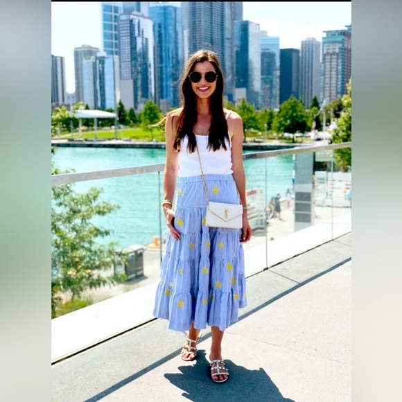 J.Crew Embroidered Pineapple Striped Tiered Midi Skirt Blue White Size XS - Picture 2 of 15